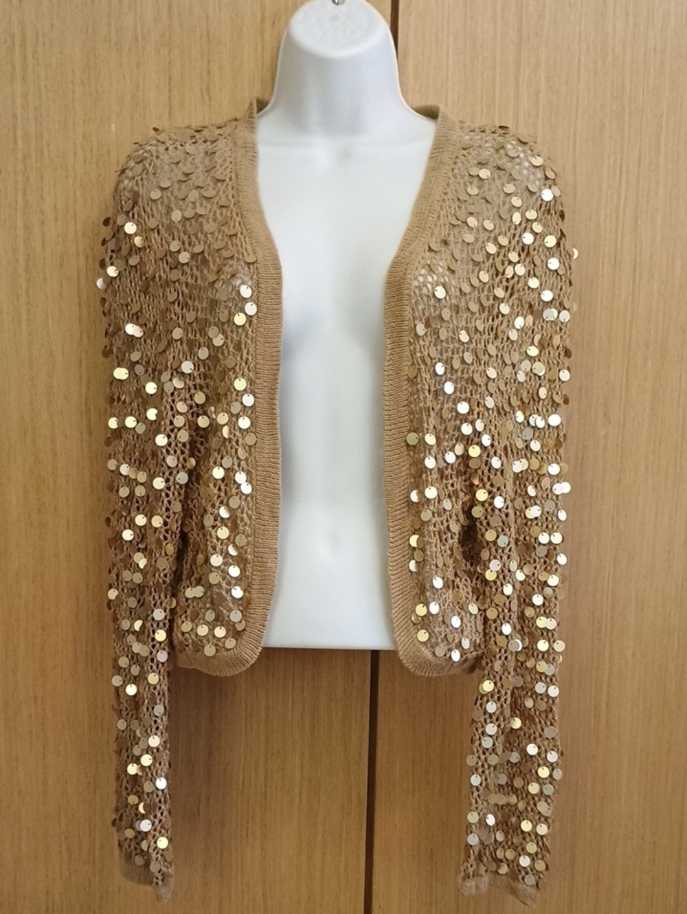 New York & Company SZL/XL Gold Sequin Open-Front Cardigan